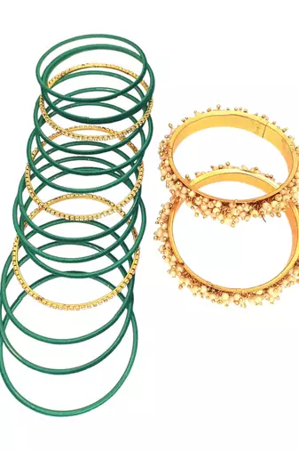 Set of 17 gold plated cz green velvet chuda set