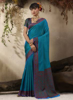 teal blue woven kanjivaram art silk blend saree 1