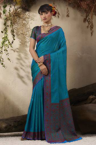 teal blue woven kanjivaram art silk saree