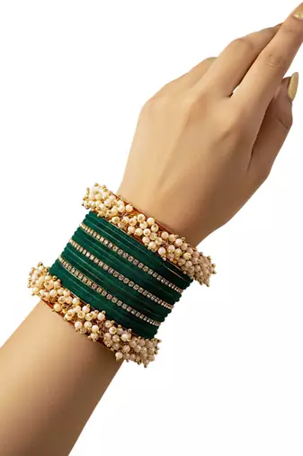 Set of 17 gold plated cz green velvet chuda set