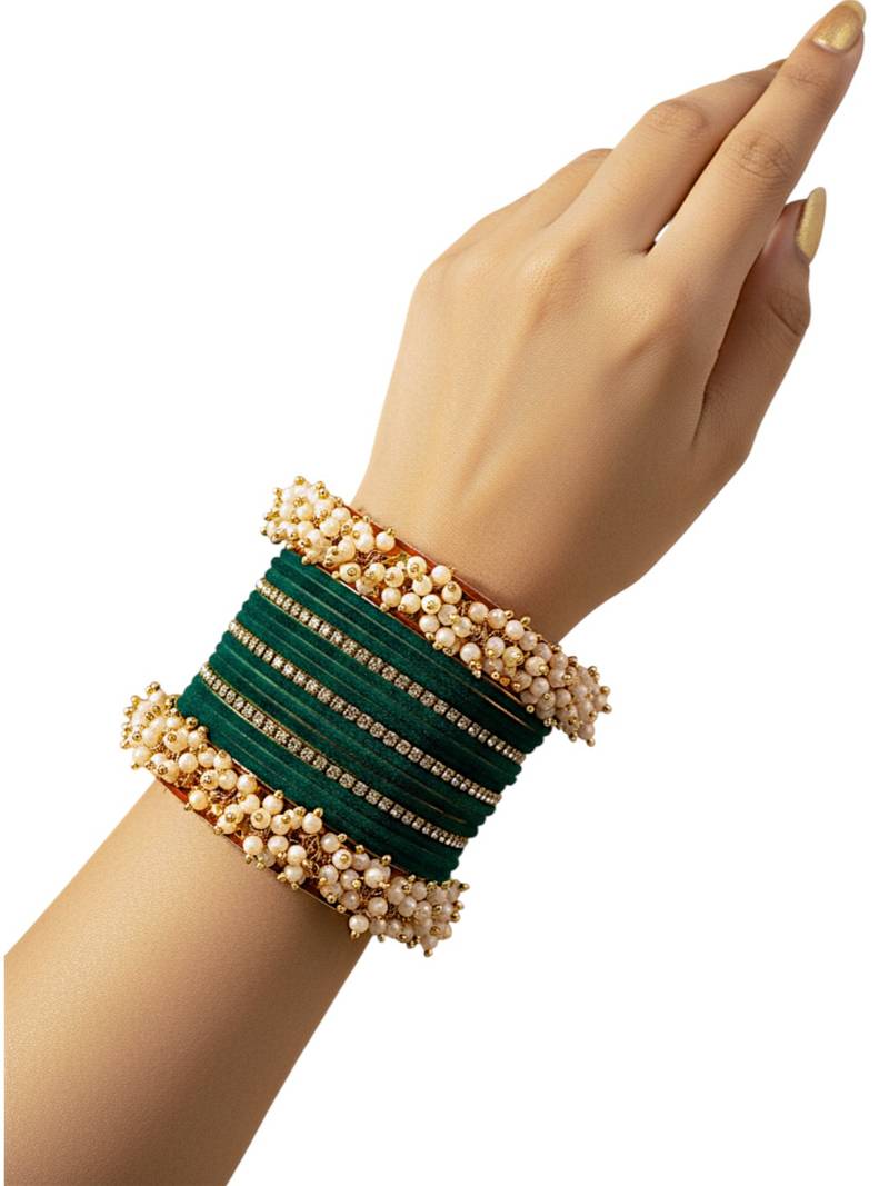 Set of 17 gold plated cz green velvet chuda set