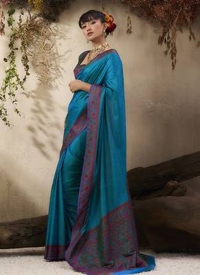 teal blue woven kanjivaram art silk blend saree 2