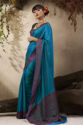 teal blue woven kanjivaram art silk blend saree