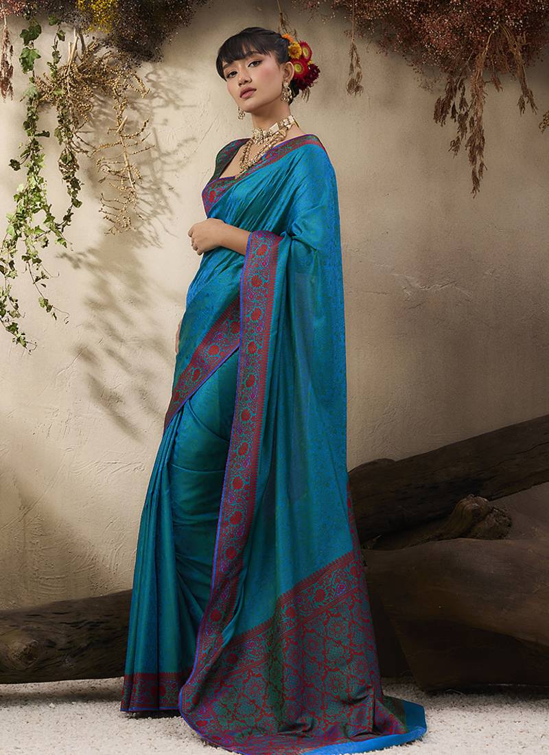 teal blue woven kanjivaram art silk saree