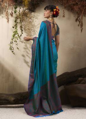 teal blue woven kanjivaram art silk blend saree 3