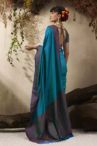 teal blue woven kanjivaram art silk blend saree