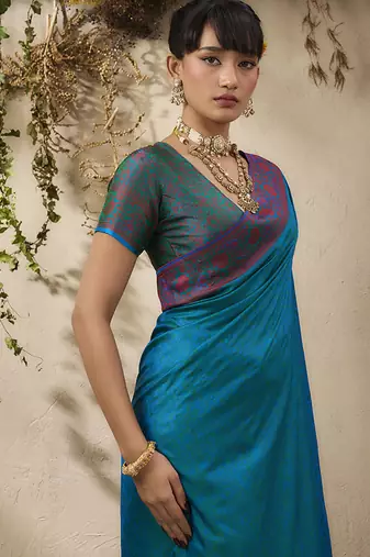 teal blue woven kanjivaram art silk blend saree