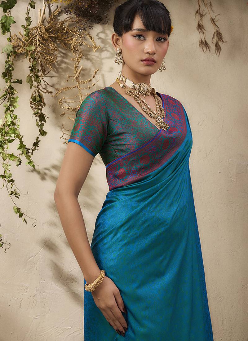 teal blue woven kanjivaram art silk saree