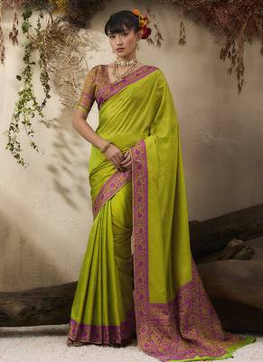 parrot green woven kanjivaram art silk blend saree 1