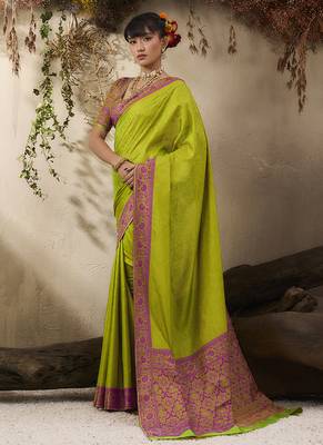 parrot green woven kanjivaram art silk blend saree 2