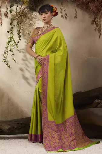 parrot green woven kanjivaram art silk blend saree