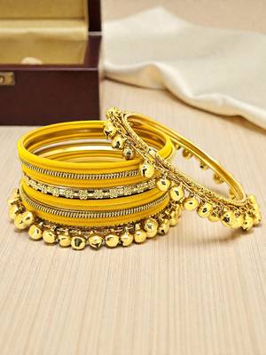 Set of 13 gold plated ghungroo yellow velvet chuda set 1