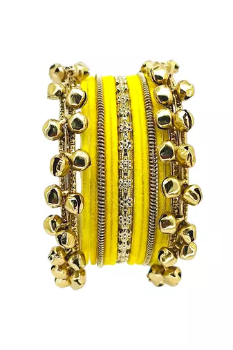Set of 13 gold plated ghungroo yellow velvet chuda set