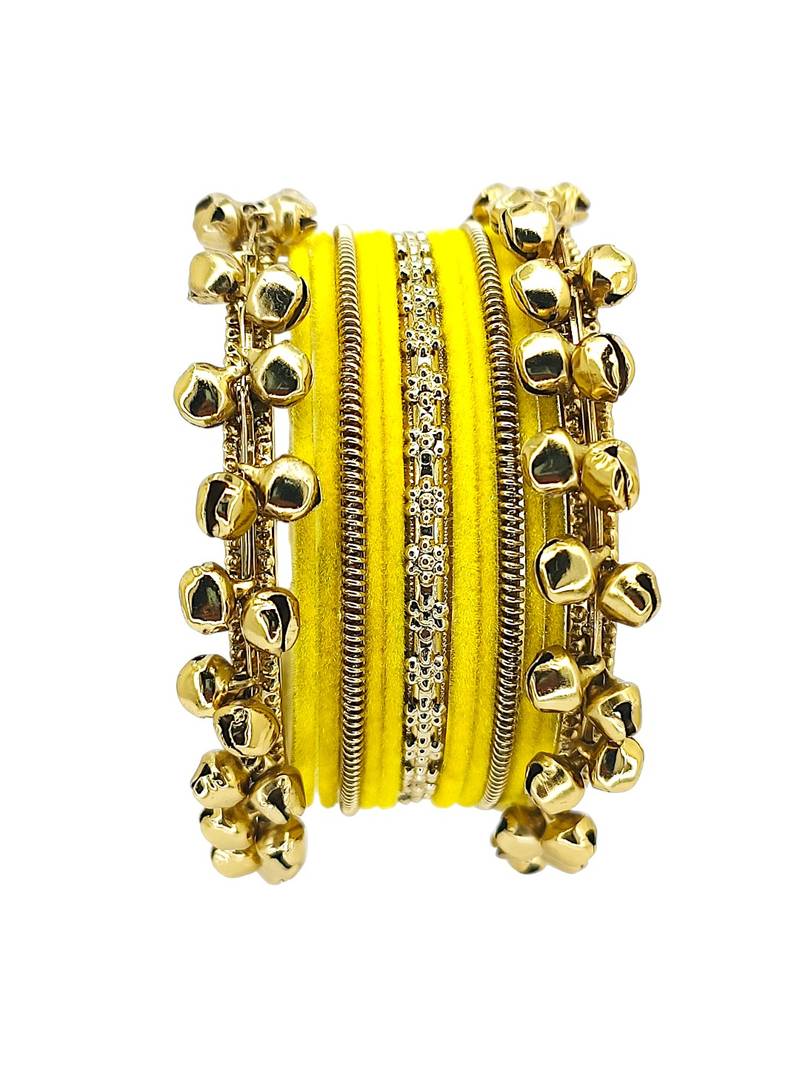 Set of 13 gold plated ghungroo yellow velvet chuda set