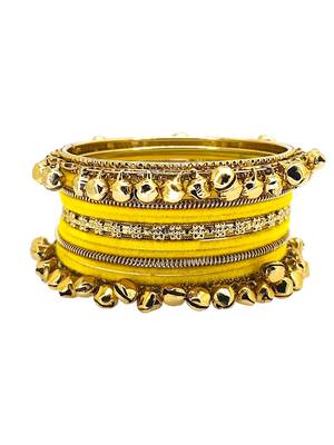 Set of 13 gold plated ghungroo yellow velvet chuda set 3