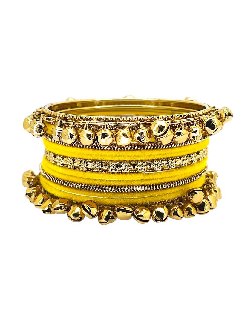 Set of 13 gold plated ghungroo yellow velvet chuda set