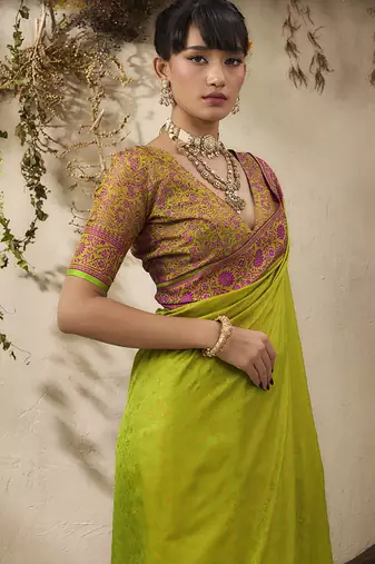 parrot green woven kanjivaram art silk blend saree