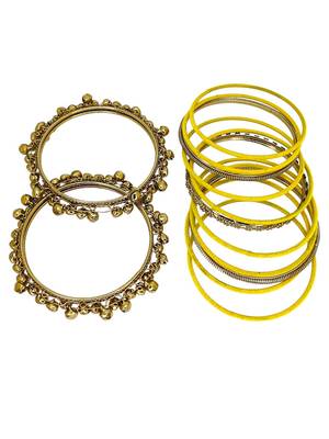 Set of 13 gold plated ghungroo yellow velvet chuda set 4