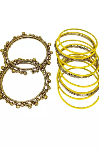 Set of 13 gold plated ghungroo yellow velvet chuda set