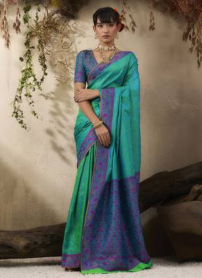 turquoise woven kanjivaram art silk blend saree 1