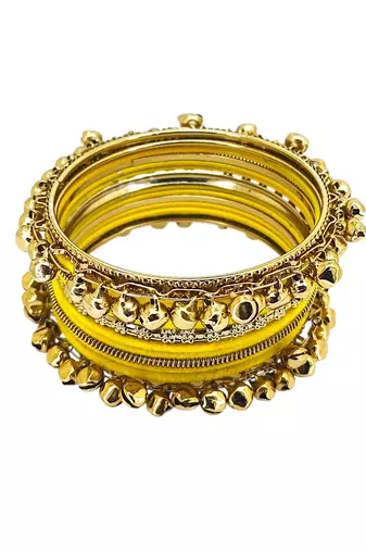 Set of 13 gold plated ghungroo yellow velvet chuda set