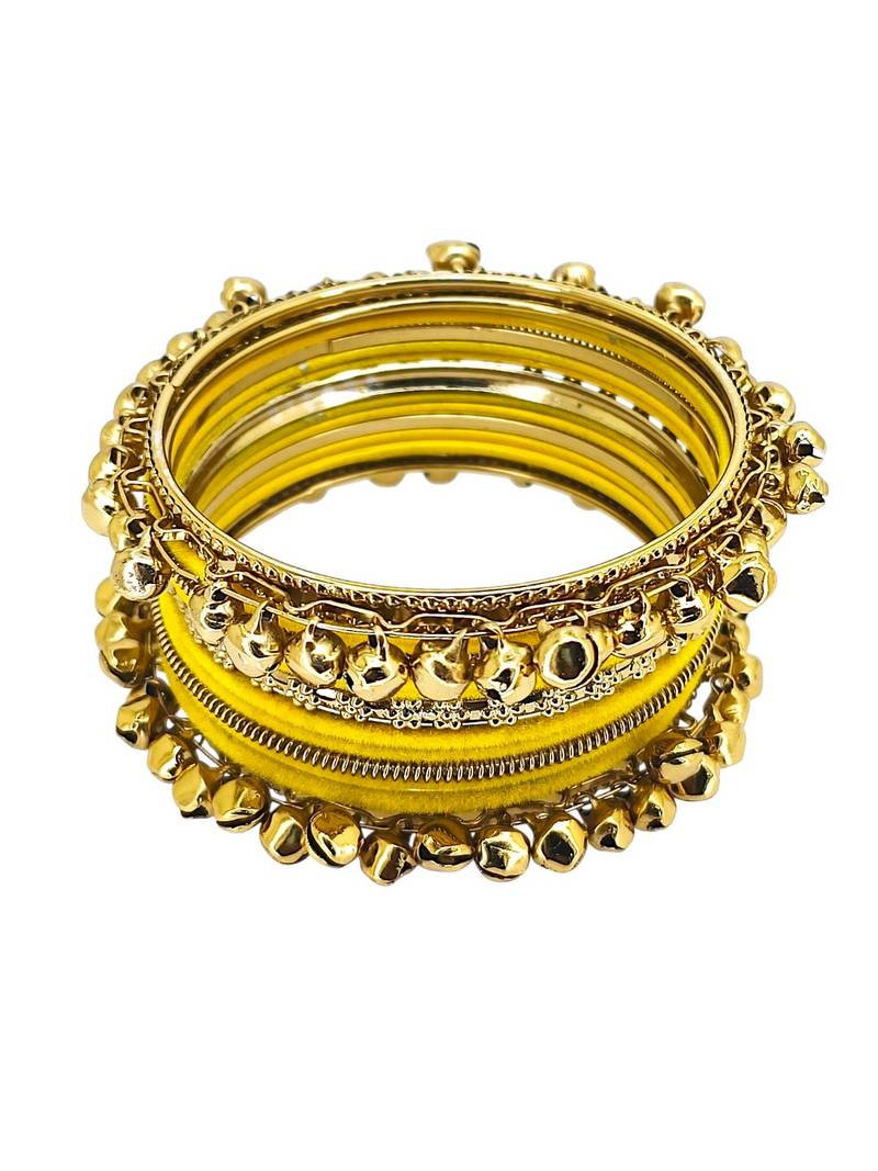 Set of 13 gold plated ghungroo yellow velvet chuda set