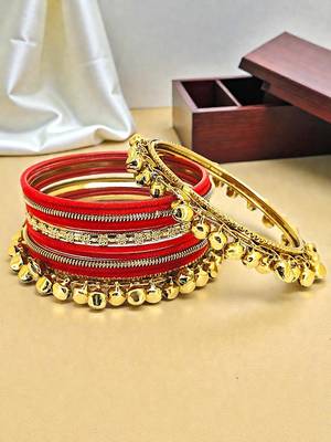 Set of 13 gold plated ghungroo red velvet chuda set 1