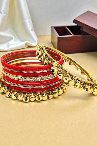 Set of 13 gold plated ghungroo red velvet chuda set