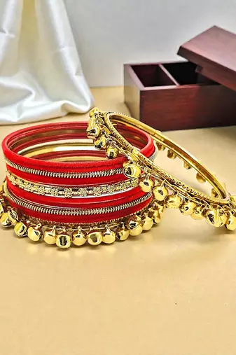 Set of 13 gold plated ghungroo red velvet chuda set