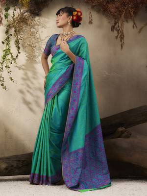 turquoise woven kanjivaram art silk blend saree 2