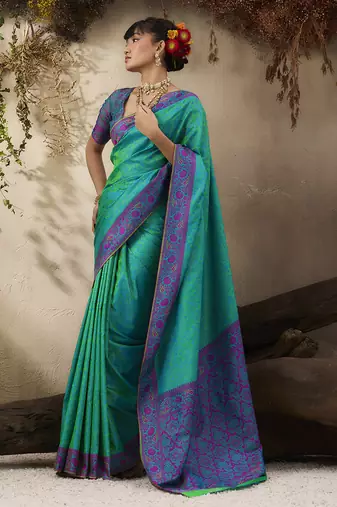 turquoise woven kanjivaram art silk blend saree