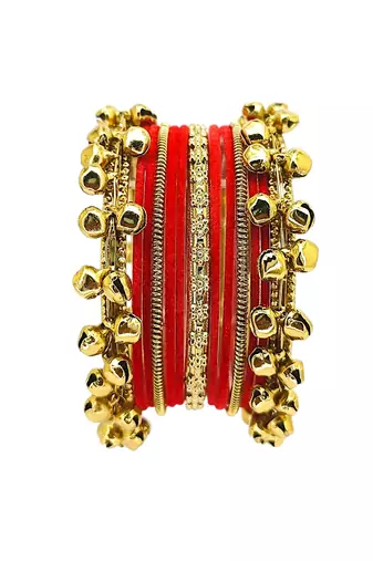 Set of 13 gold plated ghungroo red velvet chuda set