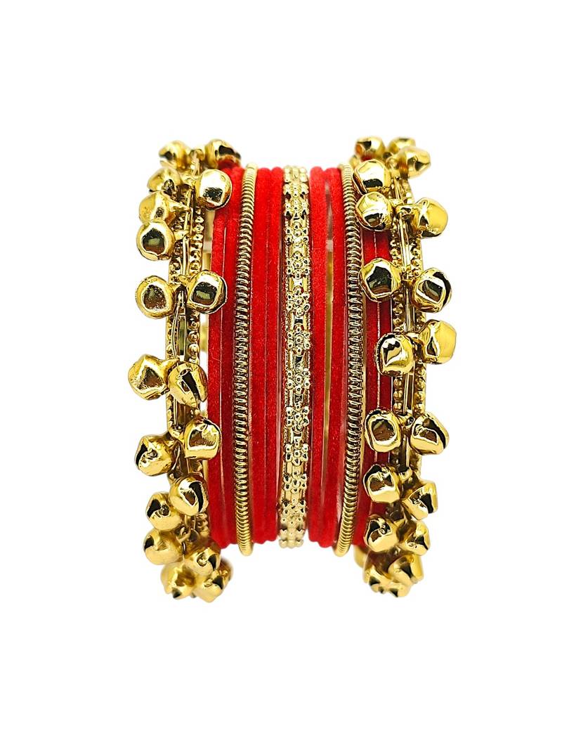 Set of 13 gold plated ghungroo red velvet chuda set