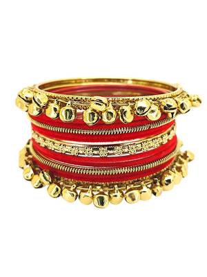 Set of 13 gold plated ghungroo red velvet chuda set 3