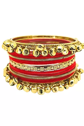 Set of 13 gold plated ghungroo red velvet chuda set