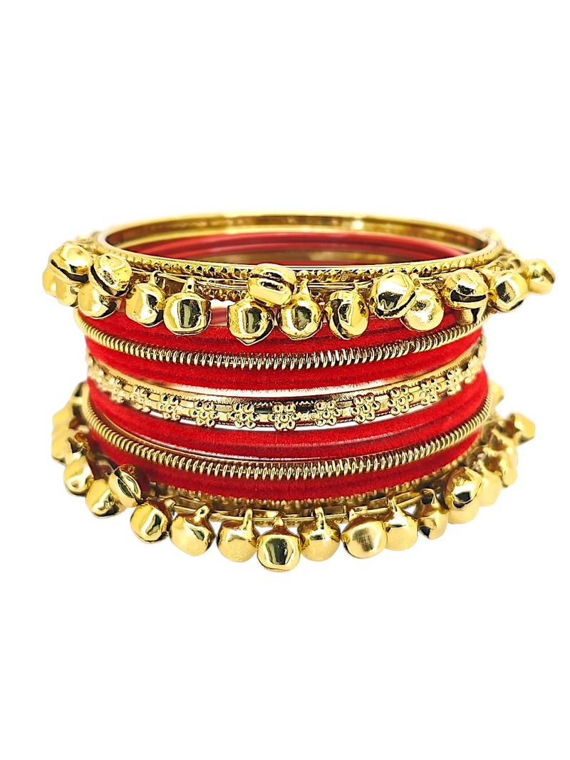 Set of 13 gold plated ghungroo red velvet chuda set