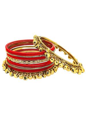 Set of 13 gold plated ghungroo red velvet chuda set 4