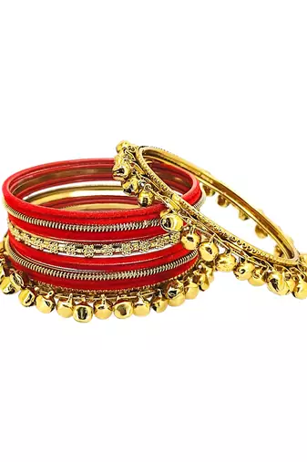 Set of 13 gold plated ghungroo red velvet chuda set
