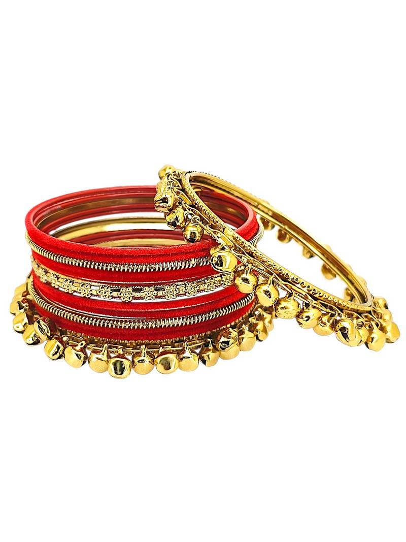 Set of 13 gold plated ghungroo red velvet chuda set