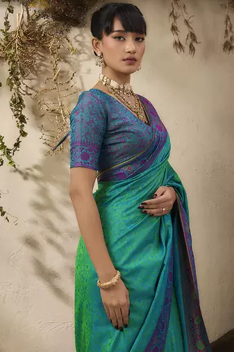 turquoise woven kanjivaram art silk blend saree