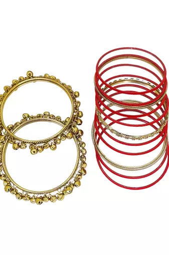 Set of 13 gold plated ghungroo red velvet chuda set