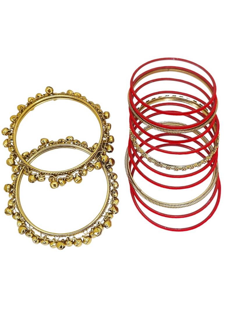 Set of 13 gold plated ghungroo red velvet chuda set