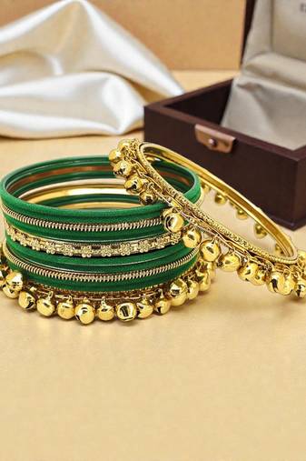 Set of 13 gold plated ghungroo green velvet chuda set
