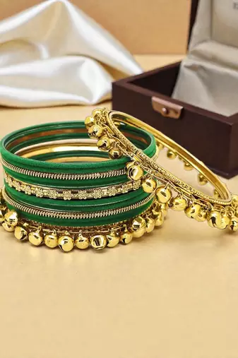 Set of 13 gold plated ghungroo green velvet chuda set