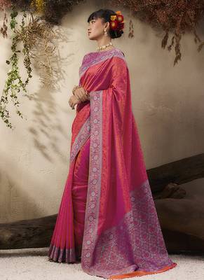 salmon woven kanjivaram art silk blend saree 2
