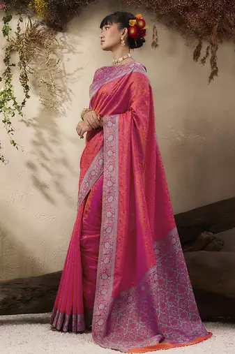 salmon woven kanjivaram art silk blend saree