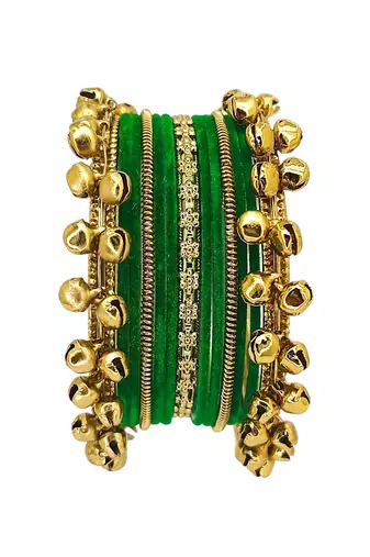 Set of 13 gold plated ghungroo green velvet chuda set