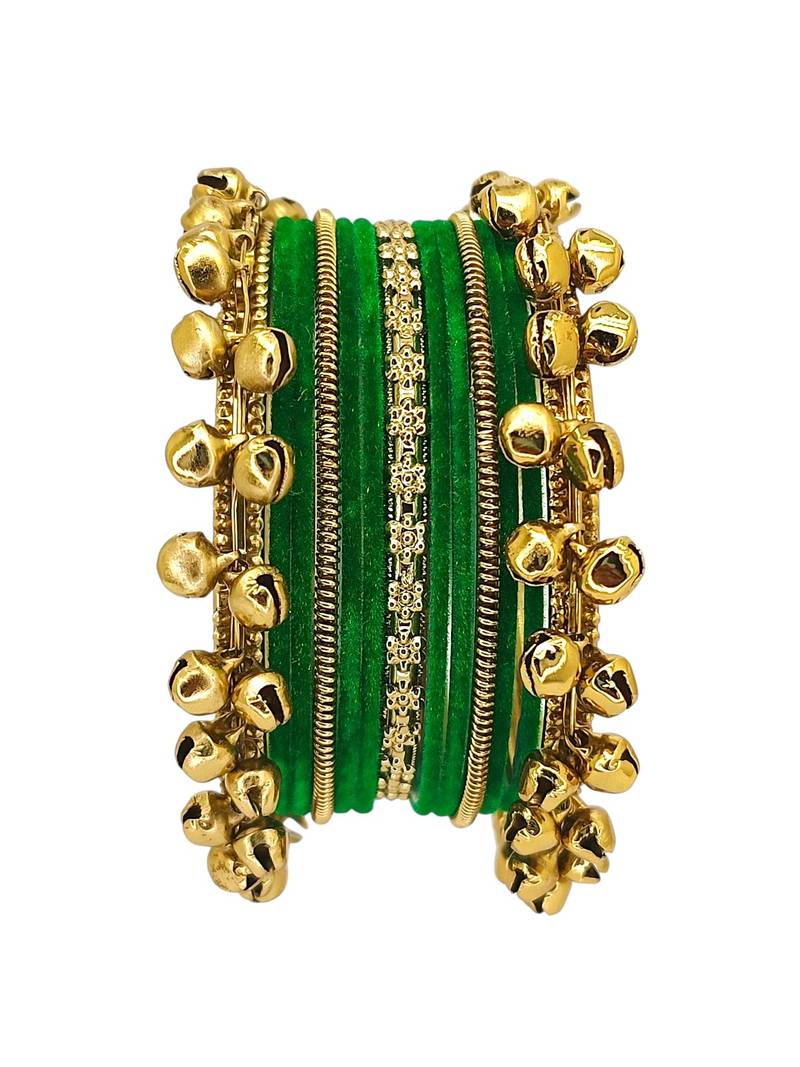 Set of 13 gold plated ghungroo green velvet chuda set