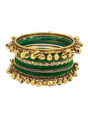 Set of 13 gold plated ghungroo green velvet chuda set 3