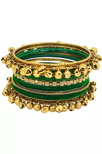 Set of 13 gold plated ghungroo green velvet chuda set